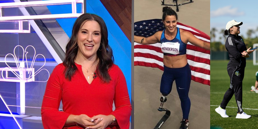 A banner with Lacey as a broadcaster in front of an NBC logo, Lacey Henderson with a running prosthetic and Team USA uniform with the US flag draped behind her in competition, and a photo of her leading a meditation in her soccer coach gear on the pitch to athletes.